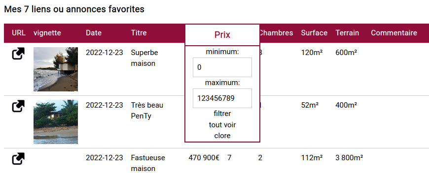 filtrage de fiches sur écran large